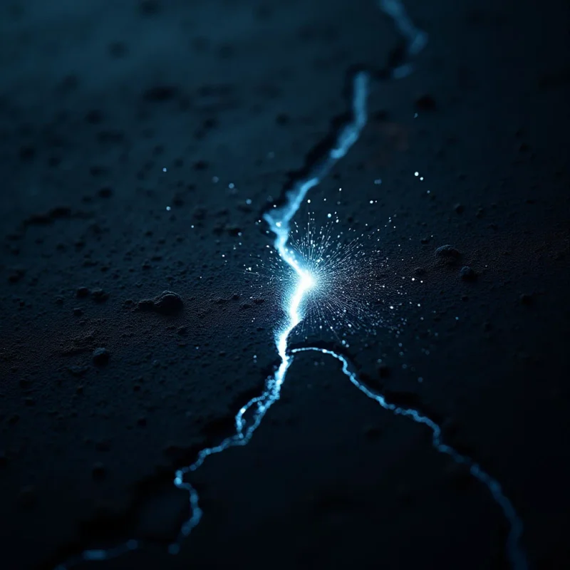 A jagged, glowing blue fissure splits a dark, granular surface, radiating bright light and small sparkling particles from its center. The composition features high contrast between the luminous, irregular lines of the crack and the deep shadows of the textured, matte landscape. Light emanates from within the crevice, creating a sense of depth as it recedes into a blurred background.
