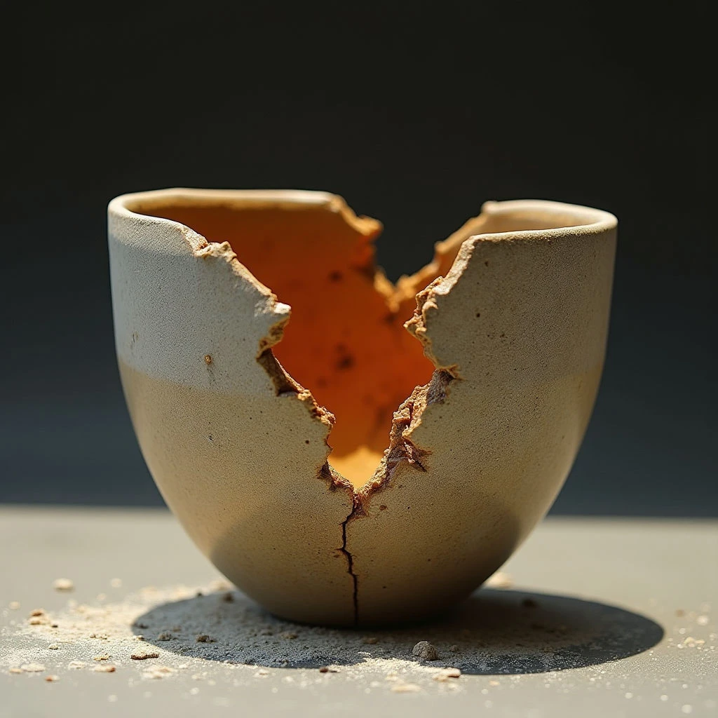 The image features a broken vessel with a pale beige exterior and a vibrant orange interior visible through jagged cracks. The texture of the outer surface appears grainy and slightly rough, contrasting with the smoother appearance inside the opening. Strong directional light casts a distinct shadow behind the object on a flat gray surface, emphasizing its rounded form and the debris scattered below.