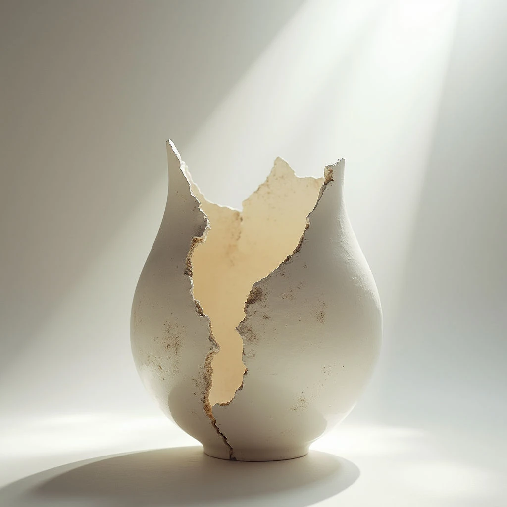 The image features a roughly ovoid form with an irregular break in its upper portion, revealing a lighter interior surface. Colors are primarily off-white and cream, with subtle variations suggesting texture and shadow. Strong directional light creates highlights on the object’s curves and casts a long shadow behind it, establishing depth against a neutral background.