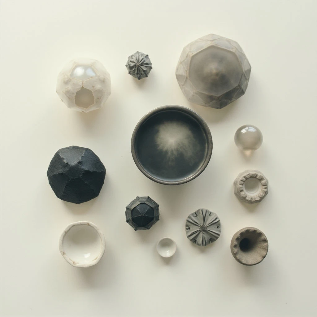 A collection of small, geometric ceramic pieces are arranged on a pale surface. The objects vary in color from white and gray to dark charcoal, with faceted and rounded forms alongside open bowl shapes. Several clear glass orbs are interspersed throughout the arrangement, adding highlights and contrasting textures.