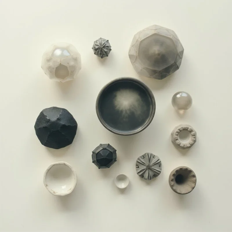 A collection of small, geometric ceramic pieces are arranged on a pale surface. The objects vary in color from white and gray to dark charcoal, with faceted and rounded forms alongside open bowl shapes. Several clear glass orbs are interspersed throughout the arrangement, adding highlights and contrasting textures.