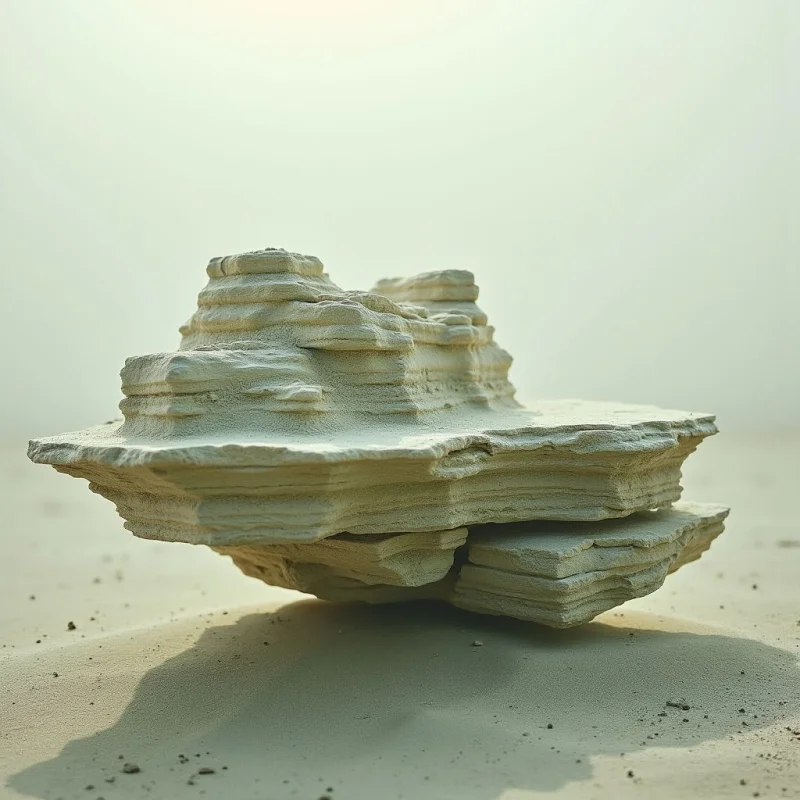 The image features a pale, layered rock formation resting on a sandy base, all rendered in muted beige and off-white tones. The texture of both the rock and sand appears granular and slightly rough, with visible horizontal striations throughout the stone structure. Soft, diffused light creates gentle shadows beneath the form and washes out detail in the background, suggesting a shallow depth of field and limited spatial definition beyond the immediate foreground.