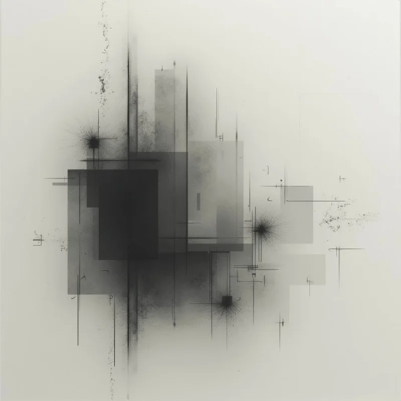 A dense cluster of dark, overlapping rectangles and lines dominates the center of a pale background. Thin, spiky bursts radiate outwards from several points within the composition, like fractured energy. The overall impression is one of controlled chaos and fragmented architecture.