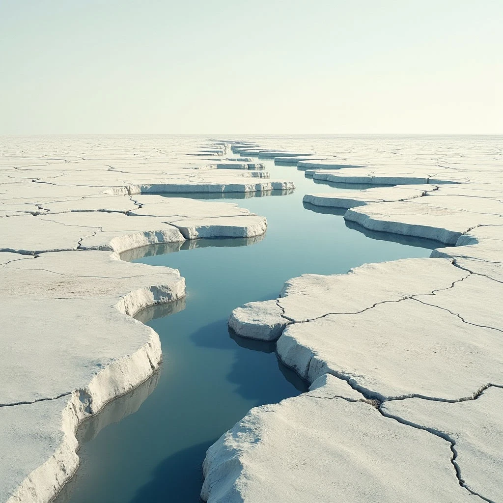 The scene is dominated by a pale color palette of white and muted blues, with a very light sky blending into the horizon. A network of fractured, irregular shapes forms a cracked surface surrounding winding channels of water, which reflect the sky’s tone. Light appears diffuse and even across the landscape, creating minimal shadows and emphasizing a sense of vast, flat space extending towards a distant vanishing point.