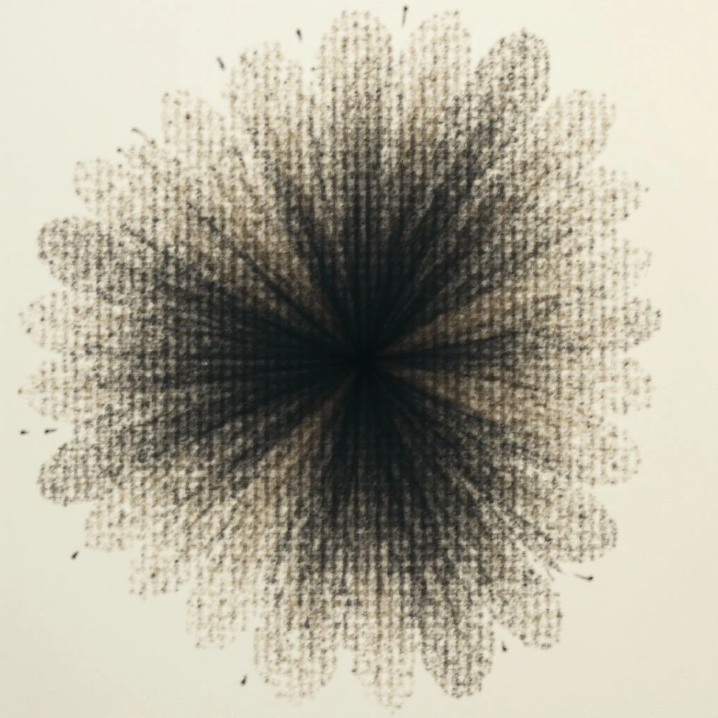 A dark, dense center radiates outwards into a textured, circular form. The shape appears to be composed of numerous small, individual marks that gradually thin and spread as they move away from the core. It resembles an explosion or blossoming flower against a pale background.