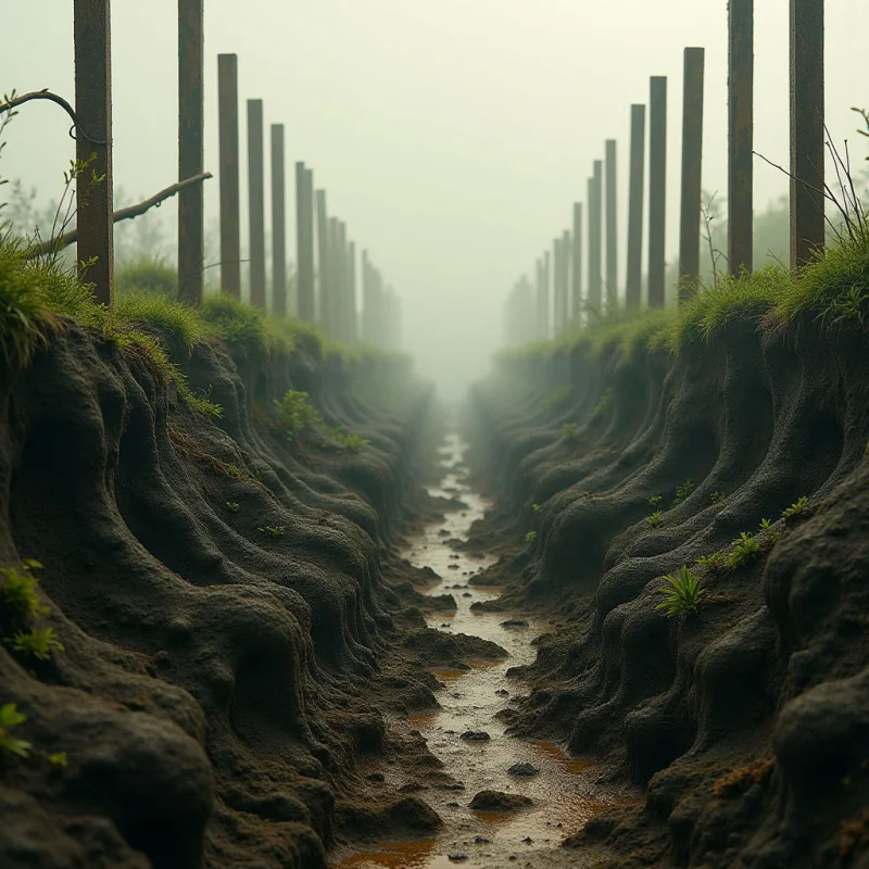 A narrow, winding stream of dark water flows through a deep trench of textured, dark earth between two elevated banks of green grass. Vertical wooden posts line the tops of the embankments, creating a symmetrical perspective that recedes into a thick, pale gray fog. The scene is illuminated by soft, diffused light, emphasizing the rough surfaces of the soil and the muted tones of the landscape.