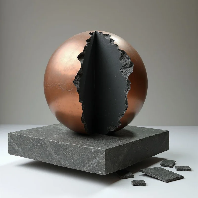 A smooth, copper-colored sphere with a jagged, irregular opening sits atop a thick, rectangular gray stone slab. The interior of the sphere is deep black and textured like rough rock, contrasting with the polished exterior surface. Bright light from the side creates soft shadows on the white surface below and highlights the coarse, grainy texture of the stone base.