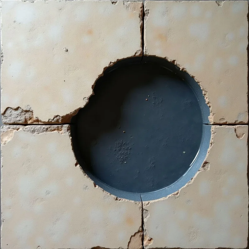 Four beige, textured tiles with irregular, chipped edges surround a large, dark grey circular void in the center. The composition features a stark contrast between the light, matte surface of the tiles and the smooth, shadowed interior of the central circle. A vertical seam divides the tiles, creating a grid-like spatial relationship that is interrupted by the central opening.