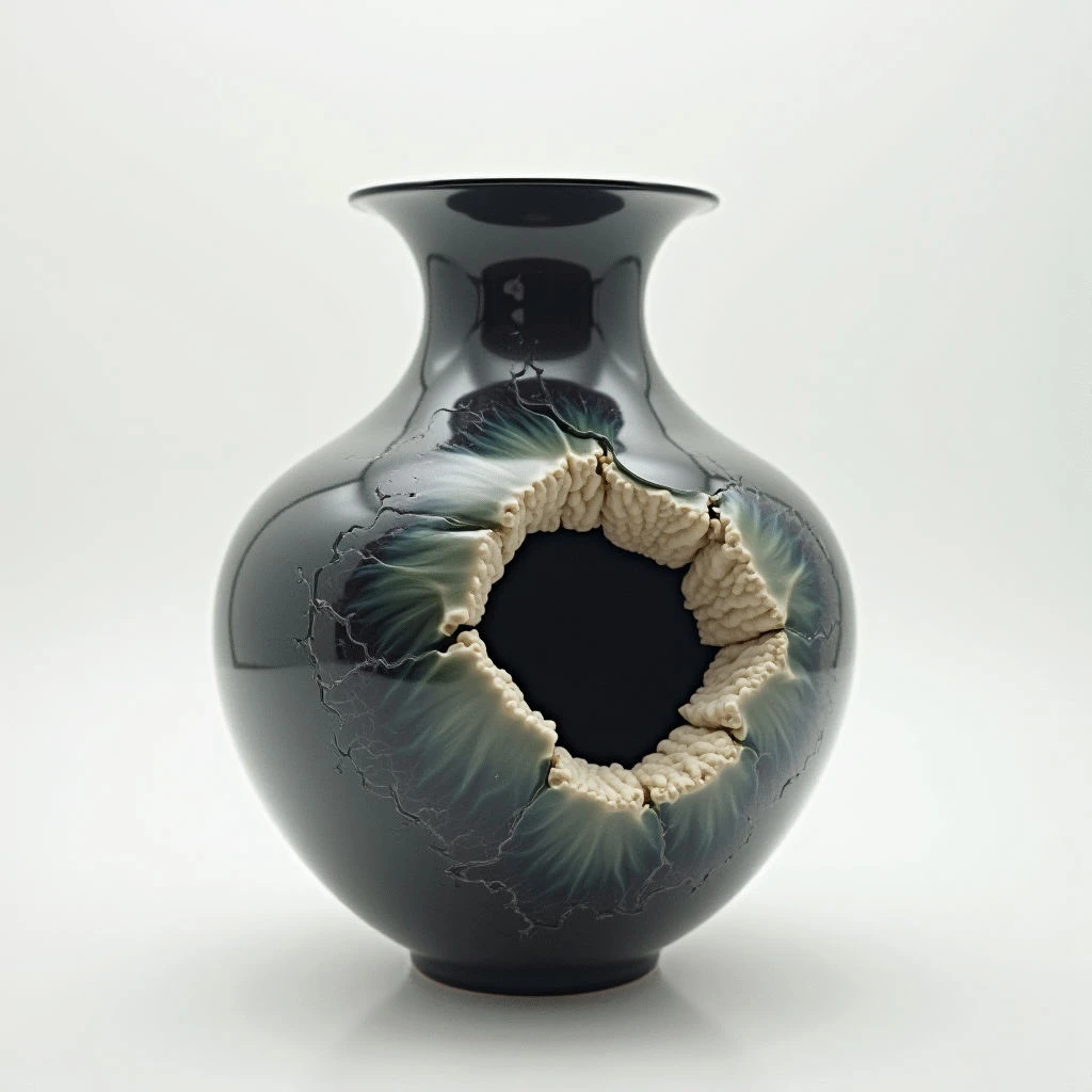 A dark, glossy vase with a bulbous shape stands against a neutral background. A large, jagged hole disrupts the smooth surface of one side, revealing a rough, textured interior rimmed with pale beige. The vase appears both fragile and striking due to this deliberate imperfection in its form.