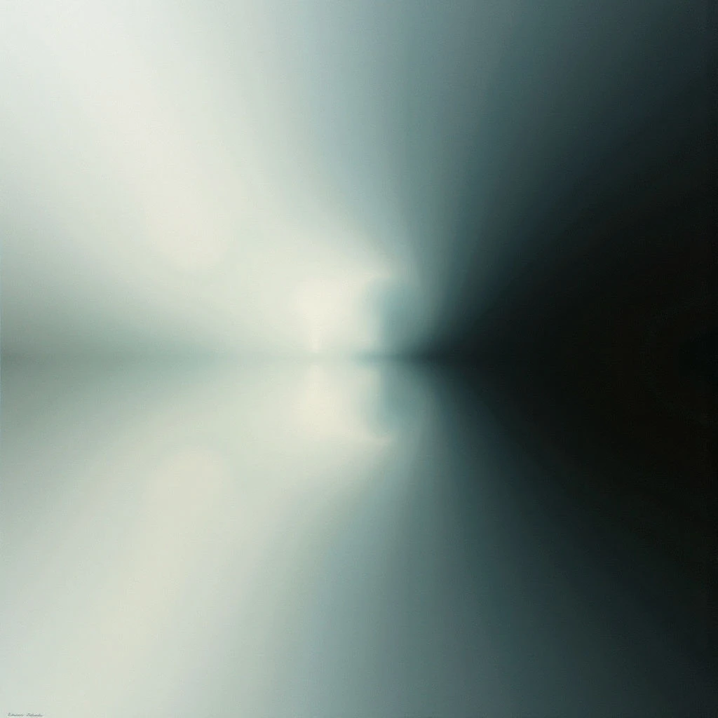 A soft, pale light emanates from the center of a dark, muted field. The light diffuses outwards with blurred edges, creating a hazy glow that contrasts sharply with the surrounding shadows. The overall impression is one of quiet intensity and subtle transition between brightness and darkness.