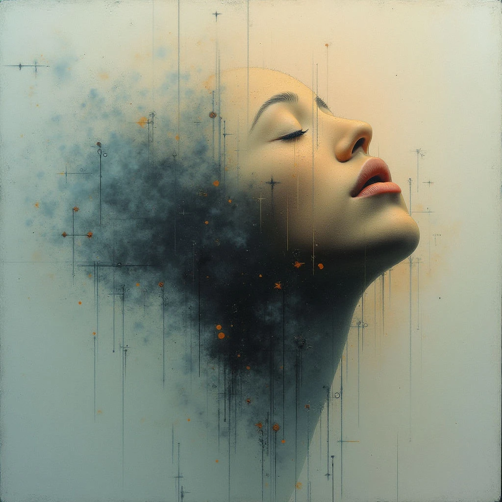 A woman’s face is shown in profile, her eyes closed and head tilted upwards as if lost in thought. Dark smoke or particles seem to emanate from the back of her head, dissolving into the pale green background. Fine lines and small orange dots overlay the image, creating a sense of digital fragmentation or internal mapping.