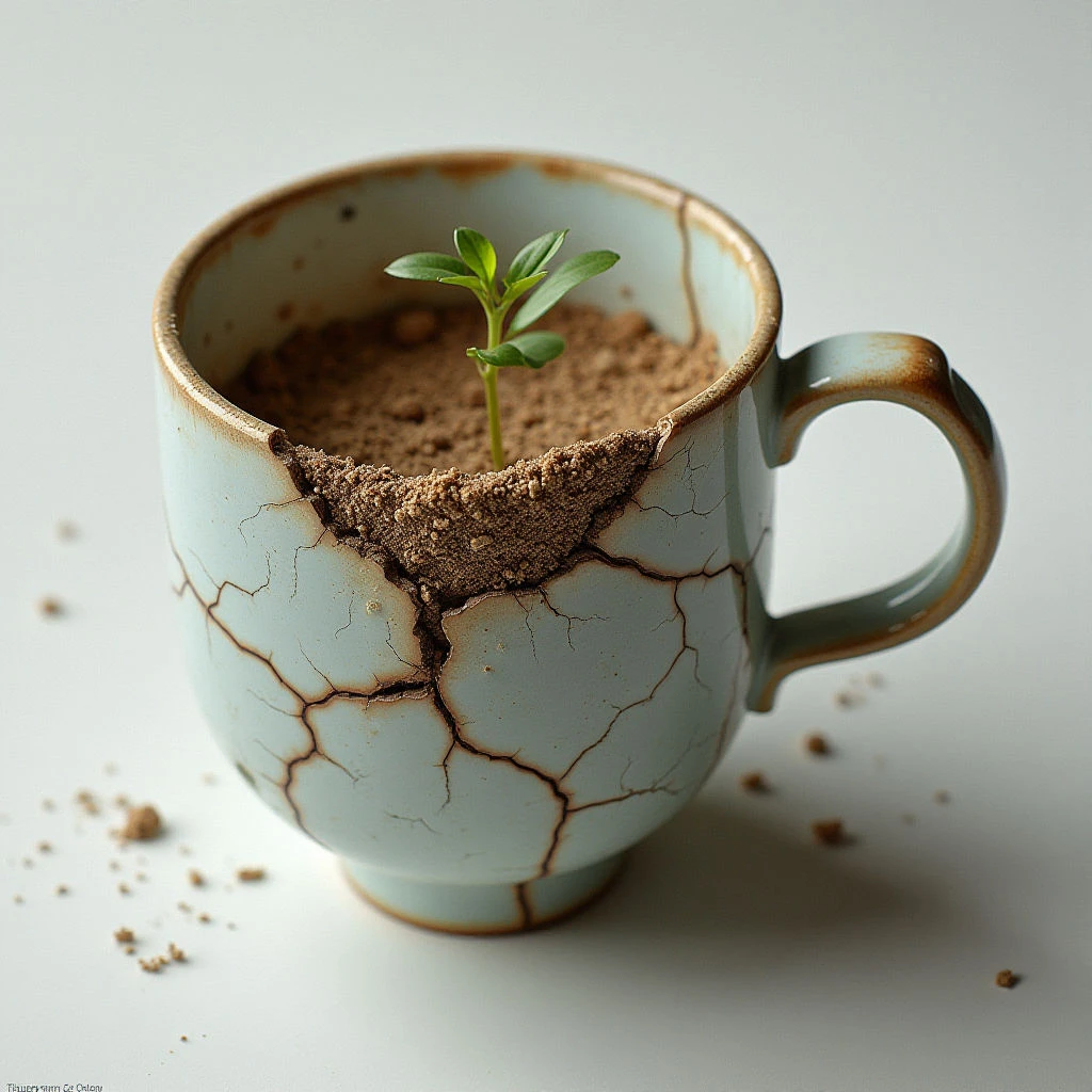 The image features a cracked ceramic mug filled with soil and a small green plant sprout. The mug is primarily a muted teal color with a dark brown rim and handle, its surface heavily textured by a network of fractures extending across its form. Soft, diffused light highlights the rounded shape of the mug and casts gentle shadows on the plain background, creating a sense of depth despite the close proximity of objects.