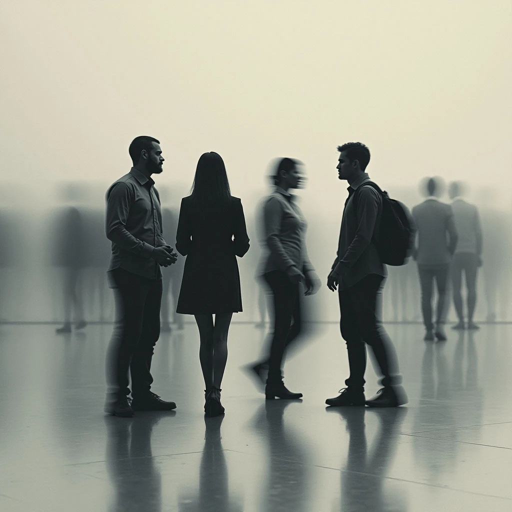 A small group of people are engaged in conversation within a large, hazy space. Two men face each other while speaking, with a woman standing between them, also looking towards the discussion. Blurred figures move indistinctly in the background, suggesting a busy environment.