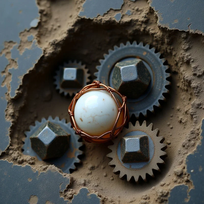 A smooth, white spherical object encased in thin copper wires sits at the center of a cluster of dark, metallic gears. The gears and the central sphere are embedded within a crater-like depression filled with fine, tan-colored sand and surrounded by jagged, dark gray edges. Soft light illuminates the scene from above, highlighting the contrast between the polished white surface, the textured grit of the sand, and the matte finish of the metal components.