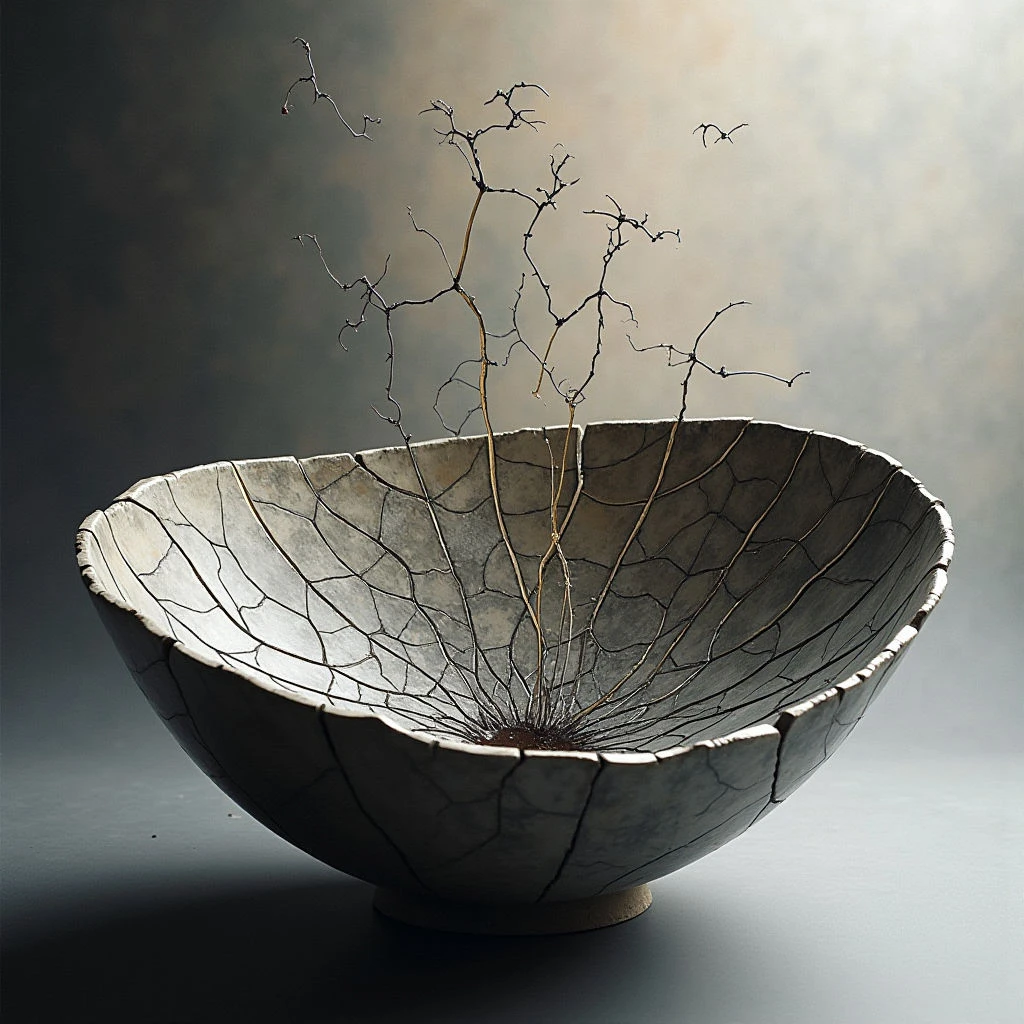 A large, cracked ceramic bowl sits on a dark surface against a blurred grey background. Thin, bare branches sprout upwards from within the vessel, their delicate forms contrasting with the rough texture of the pottery. The bowl’s intricate network of fissures creates a sense of age and fragility.