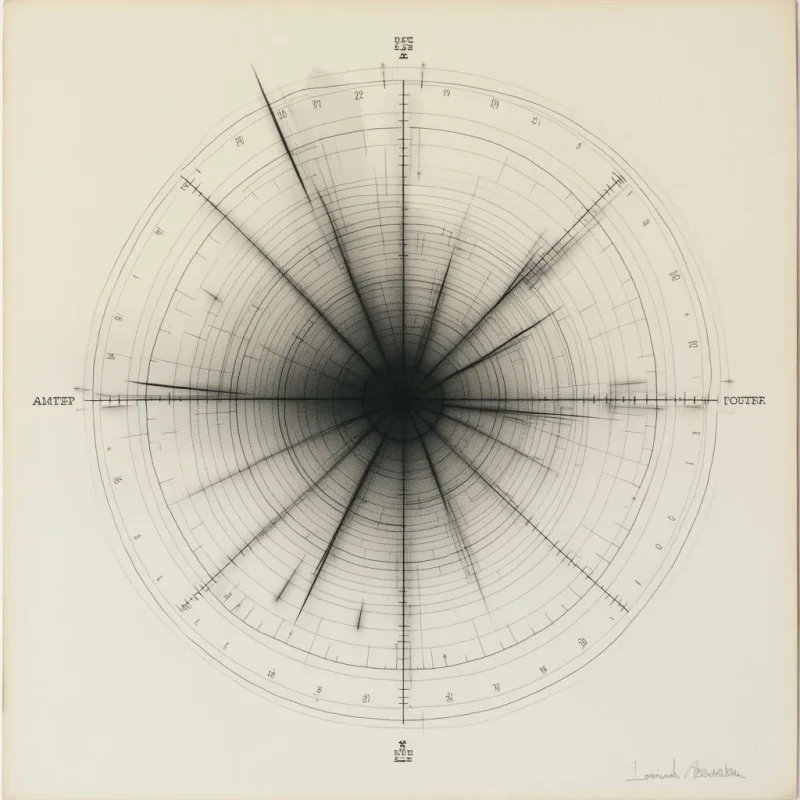 A complex circular diagram dominates the image, resembling a radar or sonar screen with concentric rings and radiating lines. A dense cluster of dark marks concentrates towards the center, fading outwards with scattered points along several radial axes. The words 