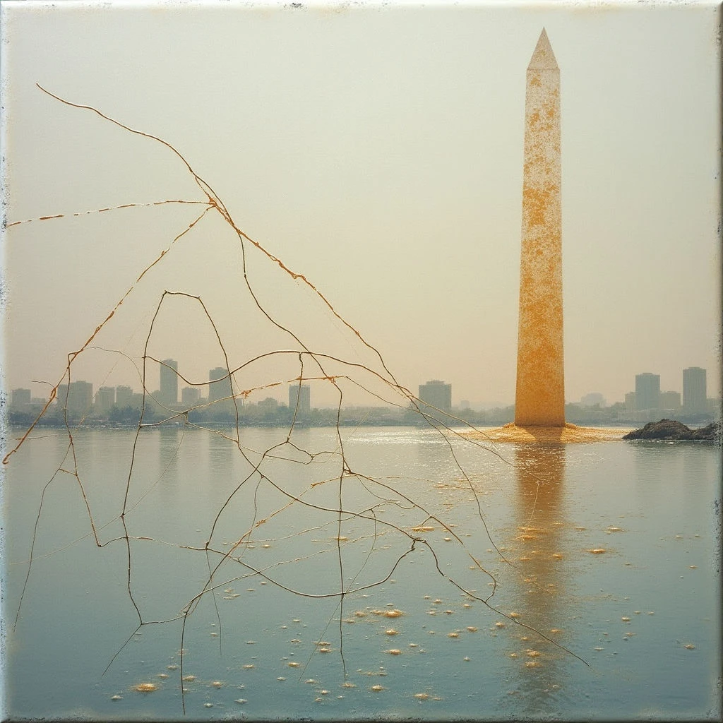 The image features a tall, slender obelisk in warm golden tones rising from a body of water, with a hazy skyline visible in the background. A network of thin, branching lines in a similar ochre color overlays the foreground and reflects on the water’s surface, creating a textured contrast against the smoother planes of the monument and cityscape. The overall light is soft and diffused, flattening spatial depth and lending a muted quality to the composition.