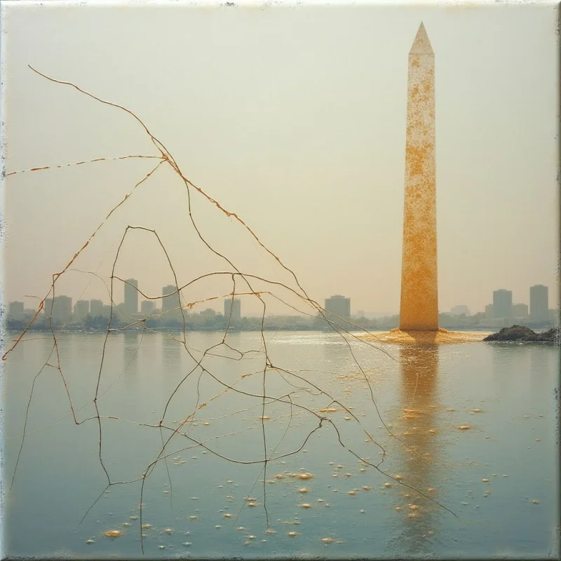 The image features a tall, slender obelisk in warm golden tones rising from a body of water, with a hazy skyline visible in the background. A network of thin, branching lines in a similar ochre color overlays the foreground and reflects on the water’s surface, creating a textured contrast against the smoother planes of the monument and cityscape. The overall light is soft and diffused, flattening spatial depth and lending a muted quality to the composition.