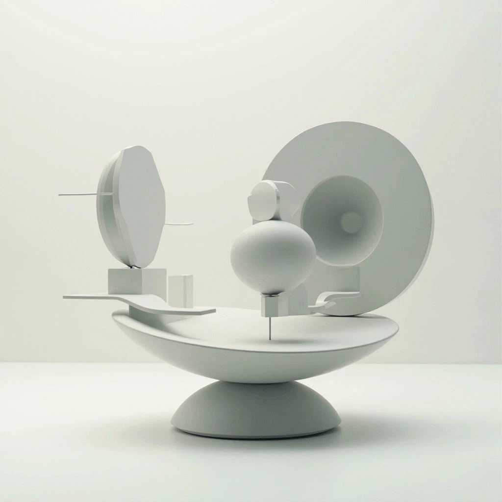 A collection of smooth, white abstract shapes are balanced on a tiered pedestal. The forms include spheres, disks, and cylindrical elements connected by thin rods, creating an airy, sculptural composition. Everything rests against a seamless pale background, emphasizing the delicate arrangement and minimalist aesthetic.
