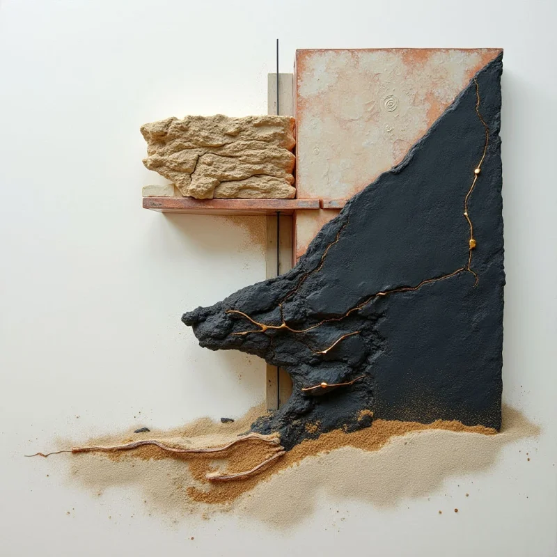 An arrangement of irregular, textured slabs in shades of charcoal black, sandy beige, and pale terracotta is set against a smooth white background. Sharp geometric edges contrast with organic, craggy surfaces and fine, vein-like gold lines that traverse the dark material. A sprawling mound of granular sand flows from the base of the shapes across the bottom left corner.