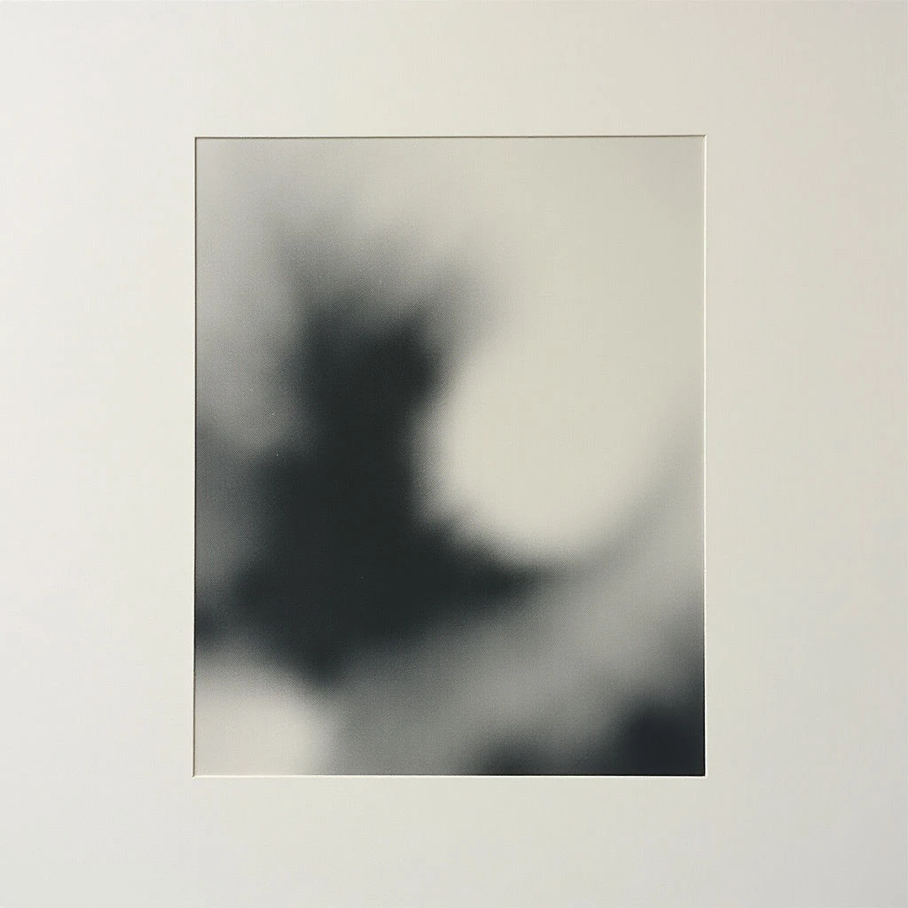 A blurred, grayscale image is centered within a white matte and frame. The shapes are indistinct, appearing as soft washes of light and dark with no clear definition or recognizable forms. A large, bright oval dominates the right side, contrasted by a darker, amorphous shape on the left.