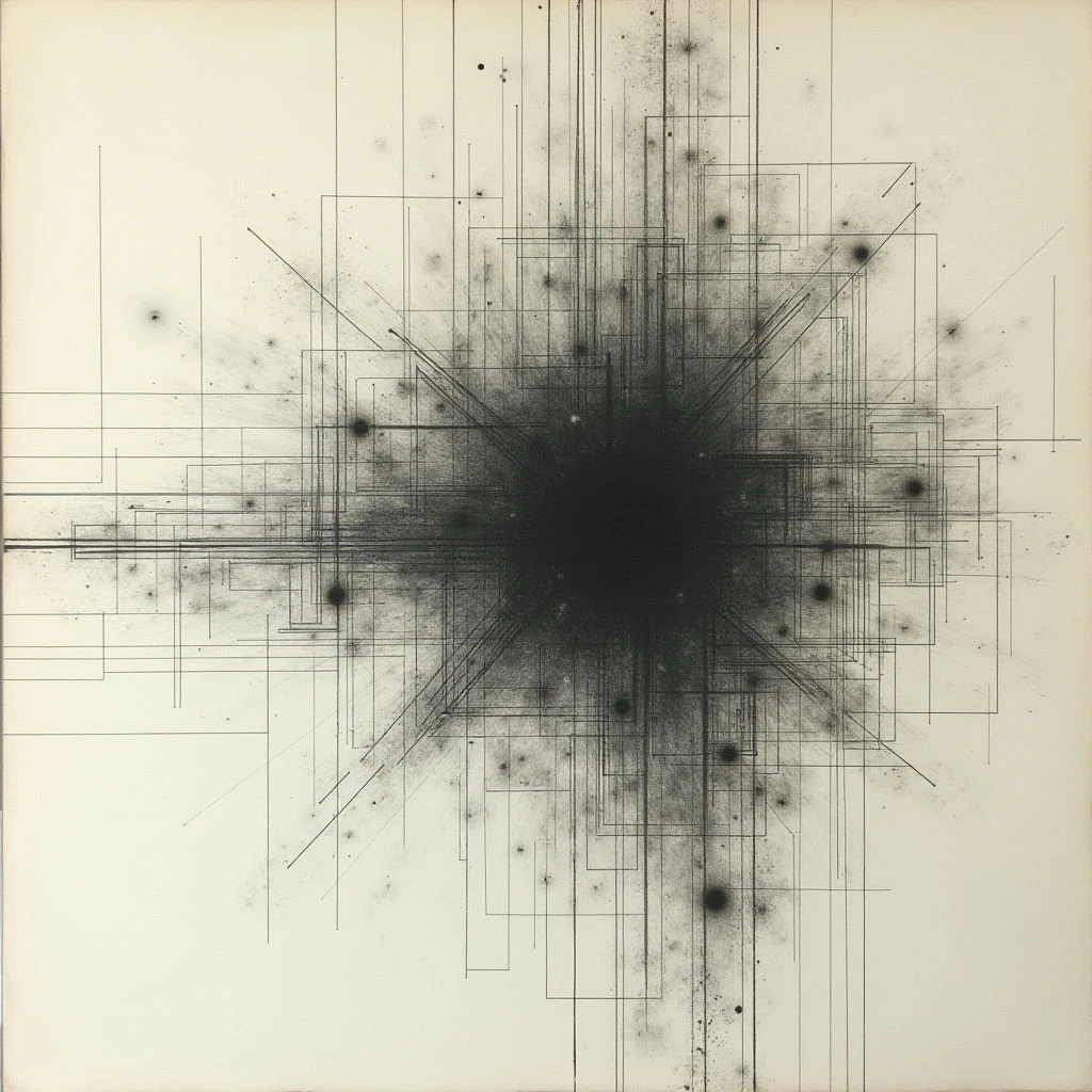 A dense, dark core radiates outwards with a complex network of intersecting lines and scattered dots on a light background. The lines vary in length and thickness, creating a sense of chaotic order that seems to explode from the center. Small, darker circles are dispersed throughout the composition, adding further focal points within the linear structure.