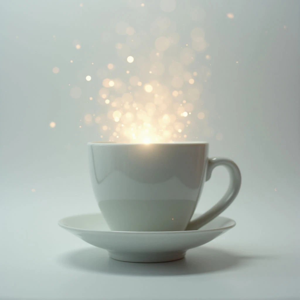 A white teacup rests on its matching saucer against a pale background. Golden light and sparkling particles rise from within the cup, creating a radiant glow. The effect suggests something magical or warm is contained inside.