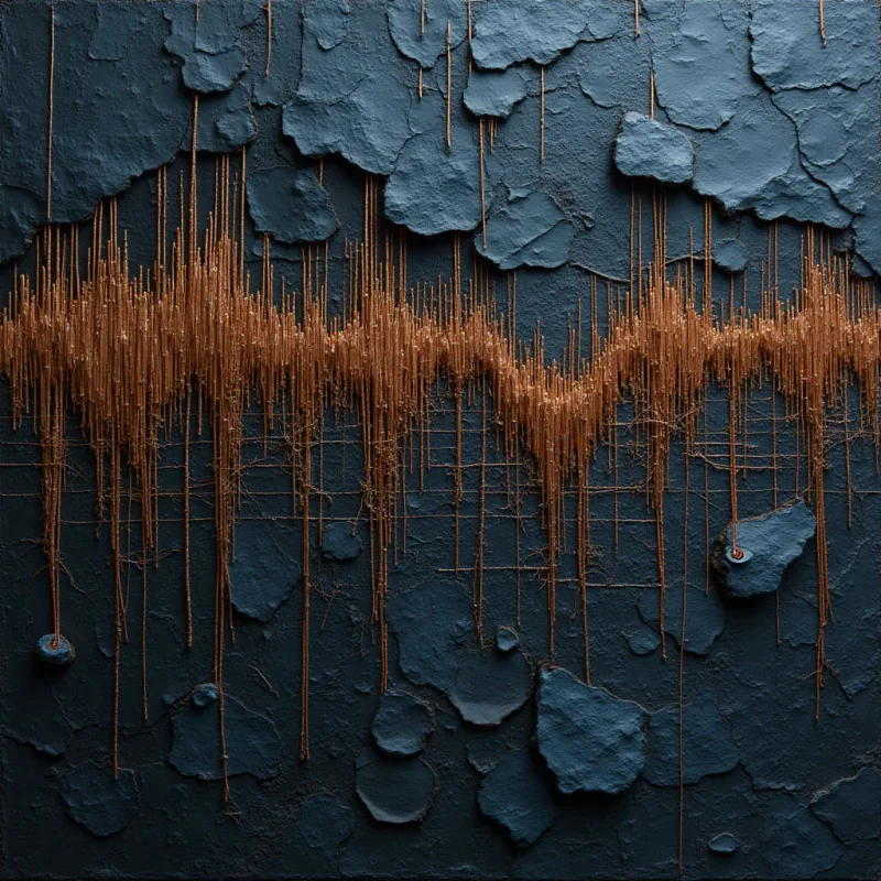 A dark, slate-blue textured surface with irregular, raised rocky patches serves as the backdrop for a dense band of vertical, copper-colored filaments. These metallic strands create a jagged, waveform pattern across the center, with some lines extending downward in thin, uneven drips. The composition features high-contrast lighting that emphasizes the rough relief of the blue stone and the fine, linear detail of the orange threads.