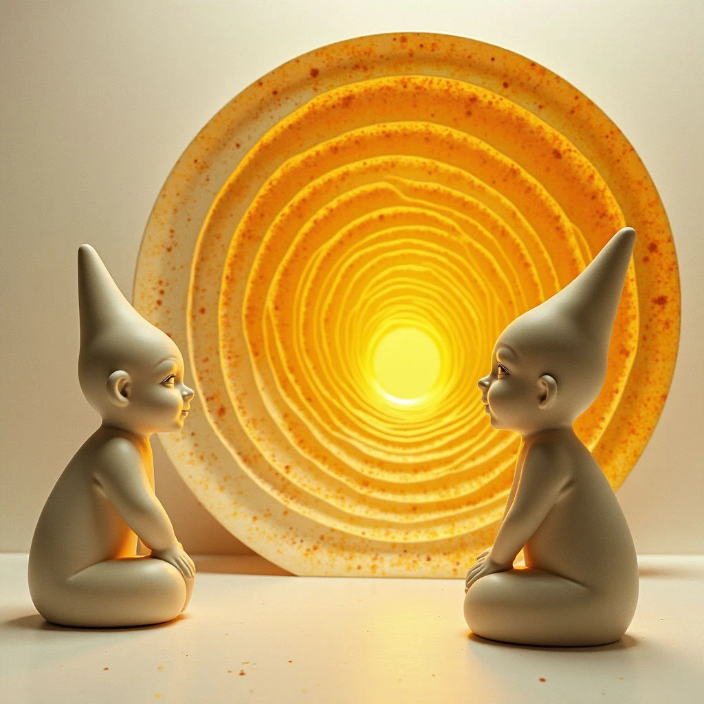 The scene features two seated figures with smooth, pale forms facing each other across a flat surface. Behind them is a large circular element comprised of concentric ridges in shades of warm yellow and orange, emanating light from its center. The overall color palette is muted and earthy, with a soft glow illuminating the foreground and creating subtle shadows on the surrounding plane.