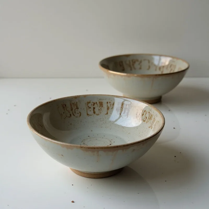 The image features two ceramic bowls with a pale celadon glaze and brown speckled detailing, set against a neutral off-white background. The bowls have rounded shapes with slightly uneven rims and visible texture in the clay body, while inscriptions circle their interiors. Soft, diffused light creates gentle shadows and highlights on the surfaces of the bowls and the flat plane they rest upon, establishing a sense of depth between the foreground and background objects.