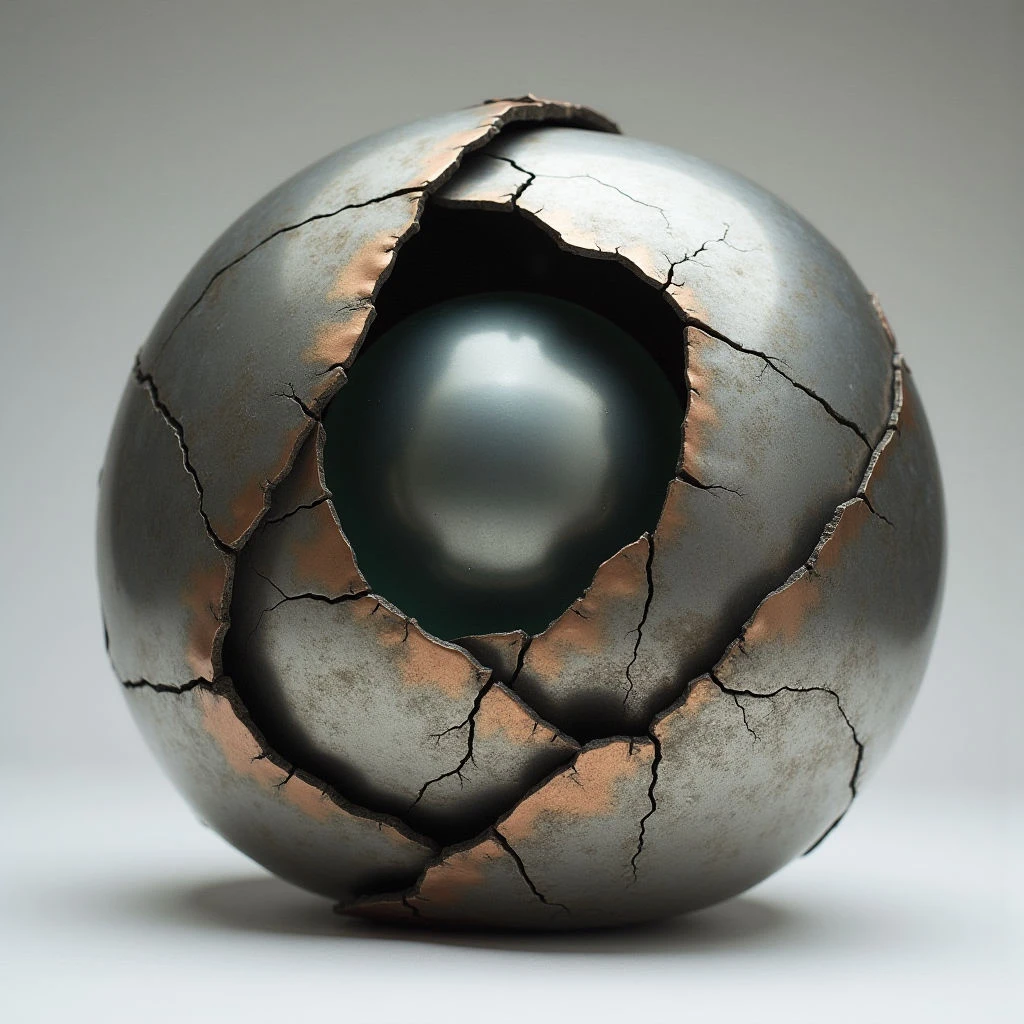 The primary form is a roughly spherical object with a network of cracks across its surface, revealing a smoother interior shape within an opening. Colors range from dark gray to brown tones, with subtle highlights suggesting metallic sheen and variations in texture between the fractured exterior and polished inner cavity. Light sources create reflections on both surfaces, emphasizing the rounded forms and depth of the central space.