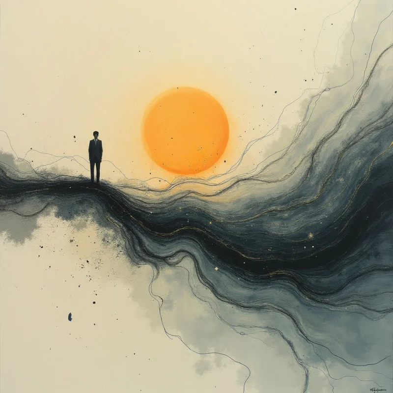The image features a large orange circular form dominating the upper center of the composition against a pale beige background. Below this is an undulating dark shape with textured, swirling patterns in shades of gray and black, contrasted by thin gold lines. A small silhouetted figure stands on the edge of the dark shape, creating a sense of scale and distance within the otherwise flat spatial arrangement.