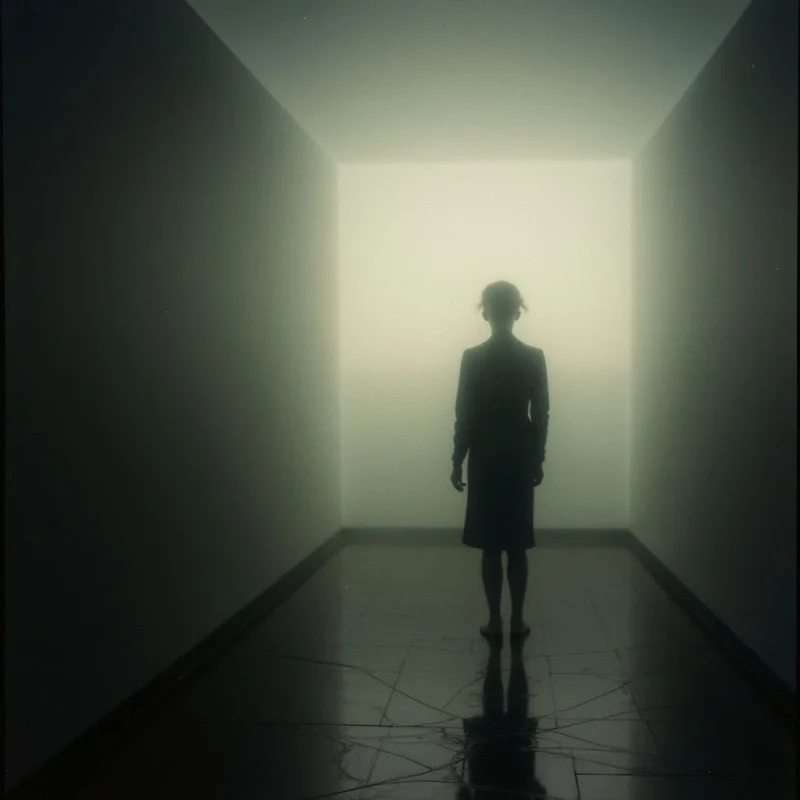 A lone figure stands silhouetted in a stark, minimalist room with dark walls and a polished floor. They face a bright, hazy opening at the far end of a long corridor, bathed in an ethereal light. The scene evokes a sense of isolation and uncertainty as the figure appears to contemplate entering the unknown space.