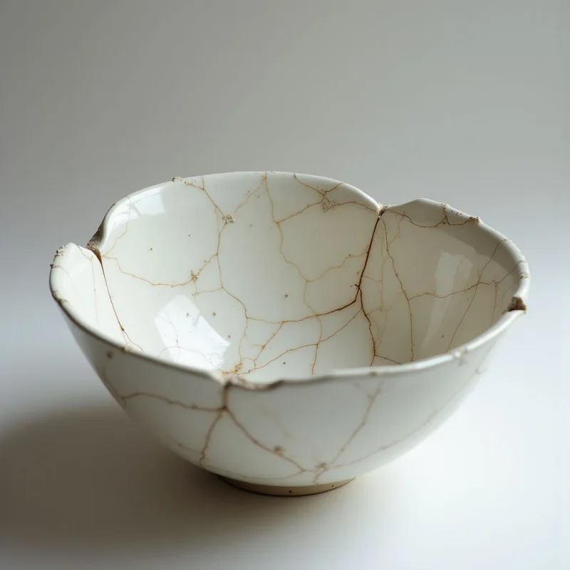 The image features a bowl with an off-white glaze crisscrossed by golden lines forming a network of cracks across its surface. The bowl has an uneven, organic shape and sits on a slightly rough, unglazed base, contrasting with the smooth interior. Soft light creates highlights within the bowl’s curves and casts subtle shadows below it against a neutral background.