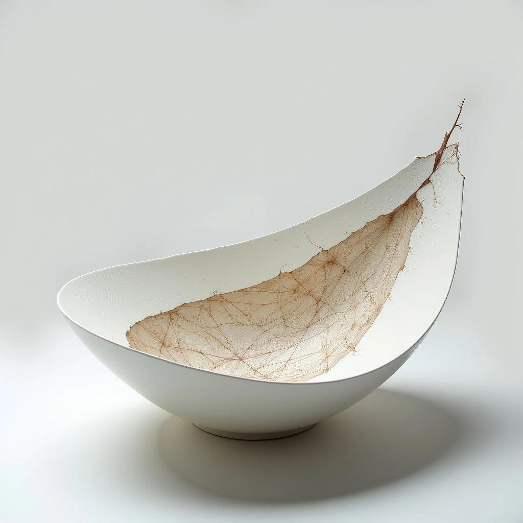 The image features a large, off-white bowl with an irregular, curved shape resting on a smooth surface. Within the bowl’s interior is a delicate network of light brown, thread-like material that appears to extend from a small branch protruding from one side. Soft lighting creates subtle shadows beneath the bowl and highlights the textured weave inside, contrasting with the bowl's otherwise matte finish.