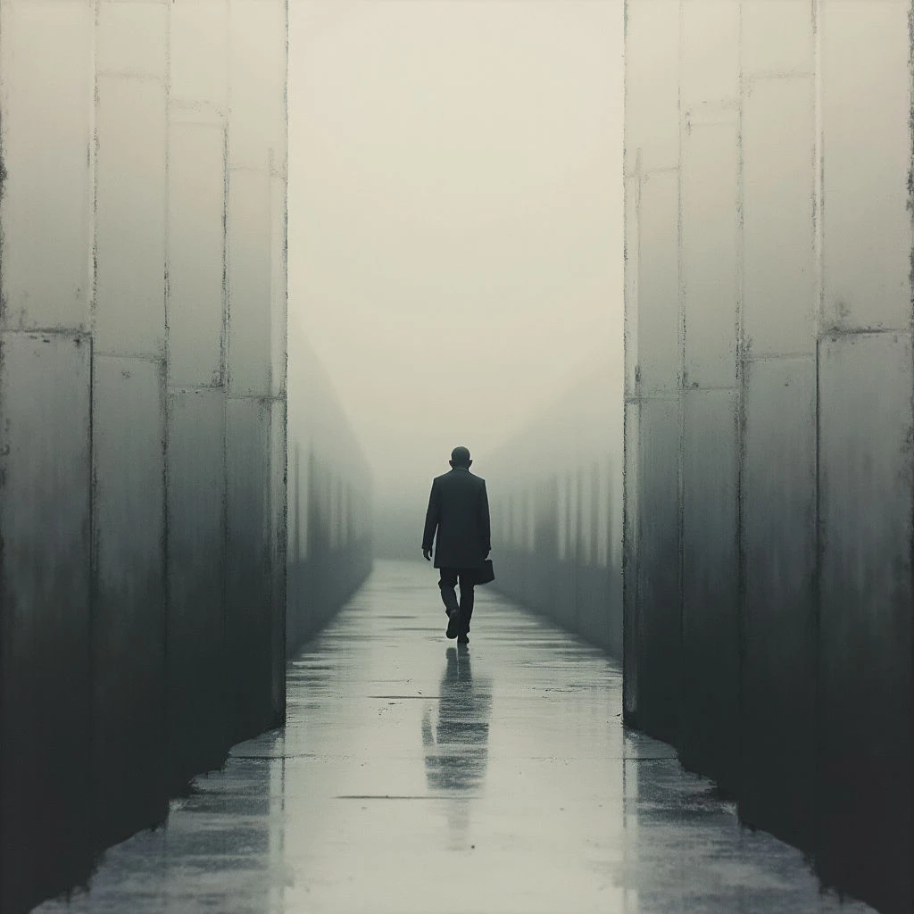 A lone figure in a dark coat walks down a long, wet corridor lined with tall concrete walls. Thick fog obscures the end of the passage, creating a sense of isolation and mystery. His reflection shimmers on the slick pavement as he moves forward into the haze.