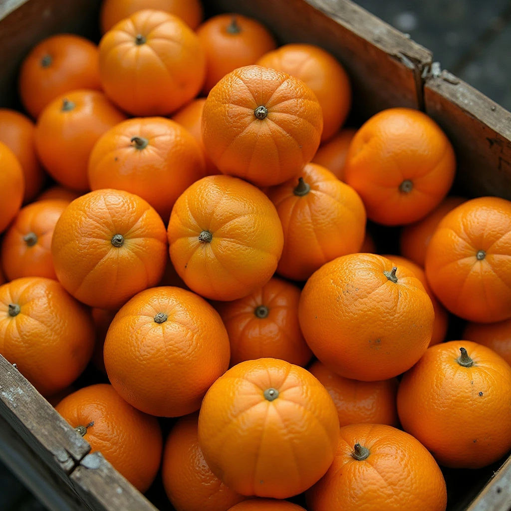 The image features a dense grouping of small, spherical citrus fruits with vibrant orange rinds filling a weathered wooden container. The texture appears slightly bumpy and uneven on the fruit’s surfaces, contrasting with the rough grain of the wood. Soft, diffused light illuminates the scene, creating subtle highlights and shadows that define the forms and suggest depth within the packed arrangement.