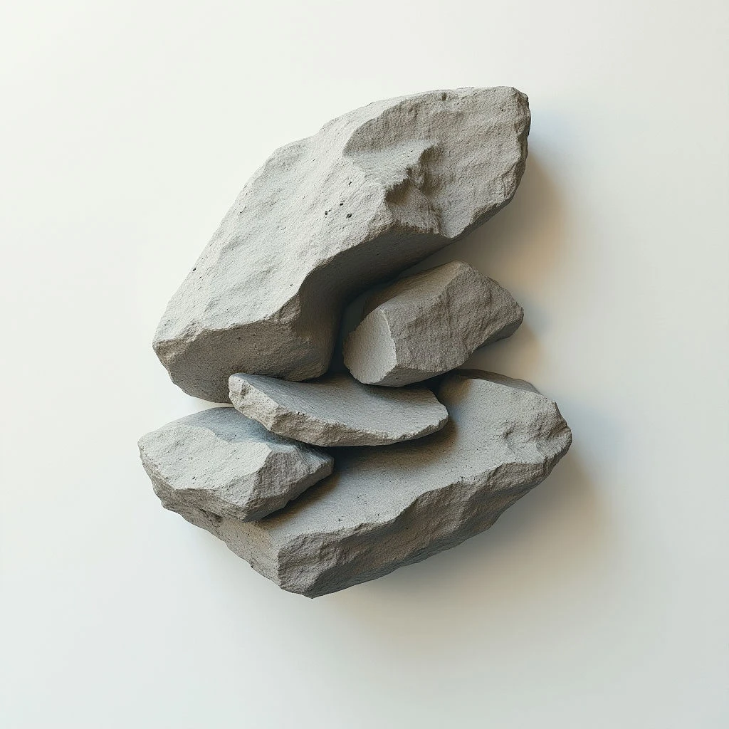 A stack of roughly-shaped, grey stones is balanced against a white background. The largest stone forms the base, with smaller pieces carefully arranged on top to create an unstable, leaning tower. Lightly textured surfaces and soft shadows give the rocks a matte appearance.