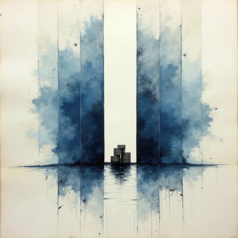 Vertical bands of deep blue and indigo wash upward against an off-white background, creating soft, cloud-like textures that transition from dense color to light spray. At the center horizon, a small stack of dark, cylindrical shapes sits between two wide white columns, casting a faint reflection onto a textured lower plane. The composition is defined by strong vertical symmetry and a stark contrast between the expansive blue forms and the central negative space.
