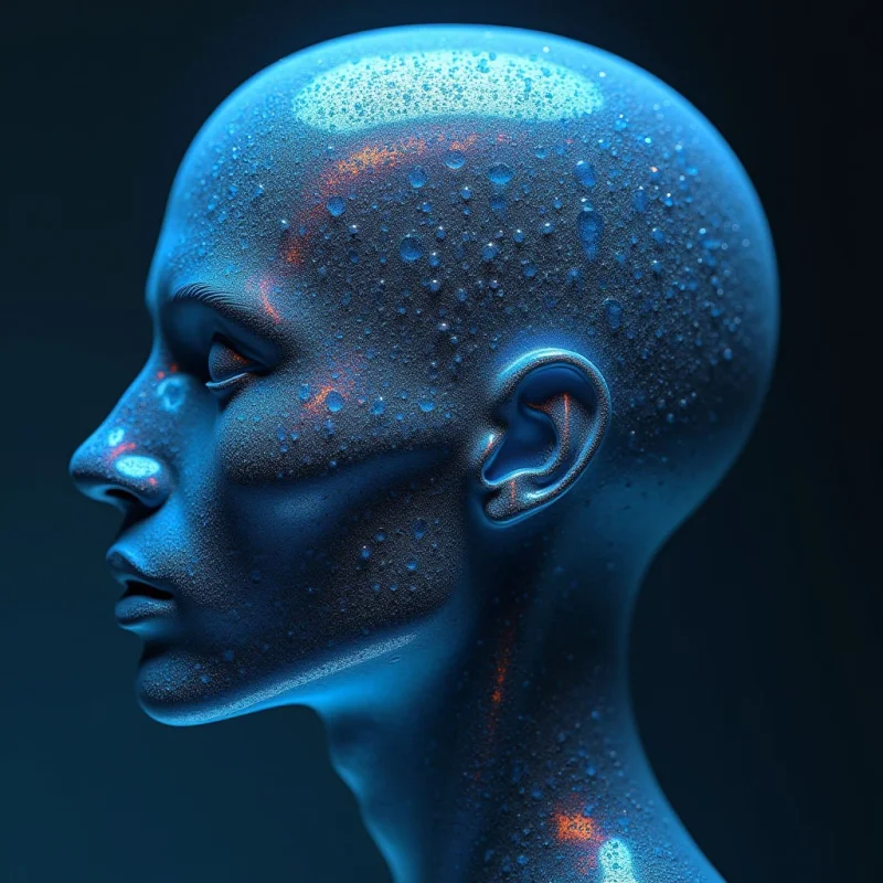 The image depicts a human head in profile, rendered in shades of blue with subtle orange highlights tracing underlying structures. The surface appears smooth yet covered in small, reflective droplets suggesting moisture, creating a textured effect against the cool tones. Light sources illuminate the forehead and bridge of the nose, casting shadows that define the facial features within a dark, undefined background space.