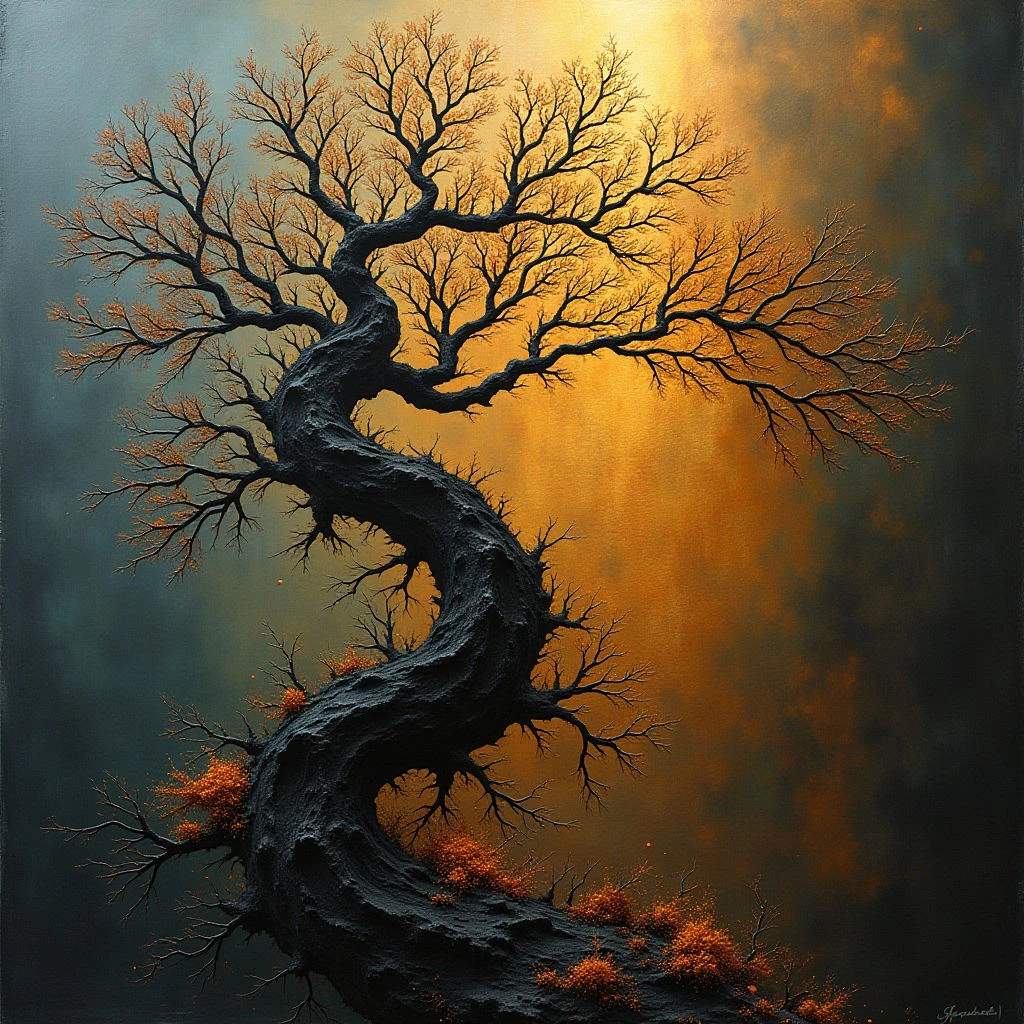 The image features a dark, gnarled tree with branches tipped in orange and yellow foliage against a hazy golden background. The trunk has a complex, textured surface that contrasts with the smoother appearance of the leaves and the soft gradients of light behind it.  Spatial relationships emphasize the tree’s verticality and twisting form as it dominates the foreground while receding into a blurred, warm-toned distance.