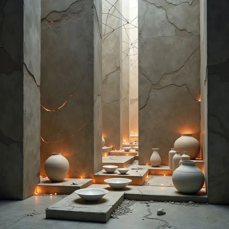 Monochromatic tones of grey and beige define a space filled with large, cracked concrete pillars and smooth, rounded ceramic vessels. Warm light glows from within the deep crevices of the stone structures and illuminates small bowls resting on tiered platforms. The composition features a rhythmic arrangement of vertical columns and circular shapes set against a backdrop of soft, diffused daylight.
