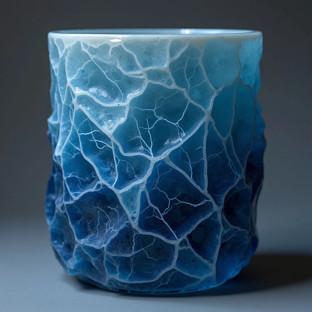 The object is primarily composed of shades of blue, ranging from a pale sky hue at the top to deep indigo near the base, with a network of white lines creating a fractured pattern across its surface. Its texture appears uneven and crystalline, resembling broken ice or geological formations. The form is cylindrical but irregular in outline, casting soft shadows on a dark, flat plane and suggesting a contained space within.