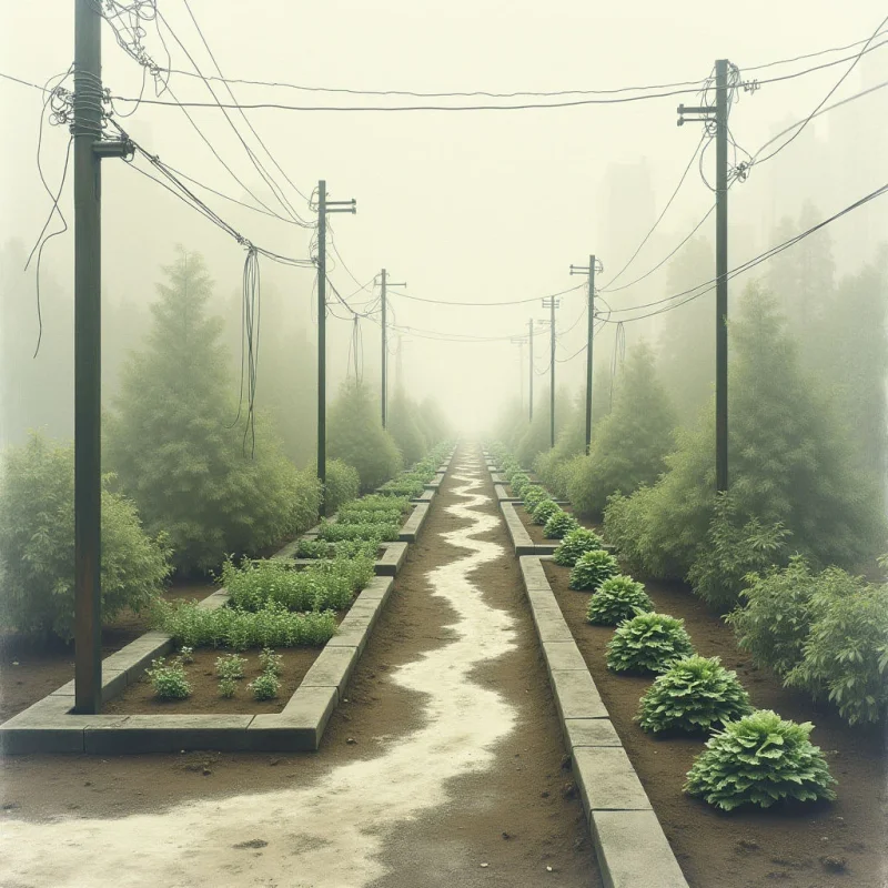 A narrow, muddy path winds through a symmetrical garden bordered by lush green bushes and tall trees. Overhead, a dense network of power lines stretches into the hazy distance, obscuring the view. The scene feels quiet and slightly eerie, with fog lending an otherworldly quality to the otherwise orderly landscape.