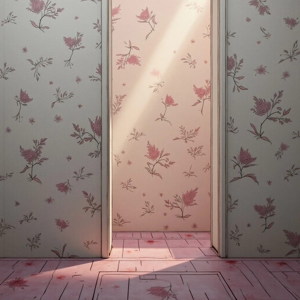 The image depicts an interior space with pale beige walls covered in a repeating floral pattern of reddish-pink vegetation. Light streams in from an unseen source, creating bright vertical bands and casting shadows across the wooden floorboards which are similarly marked with reddish tones. The composition is largely defined by rectangular shapes – doors or wall panels – framing glimpses into a continuation of the patterned space, and establishing a shallow depth of field.