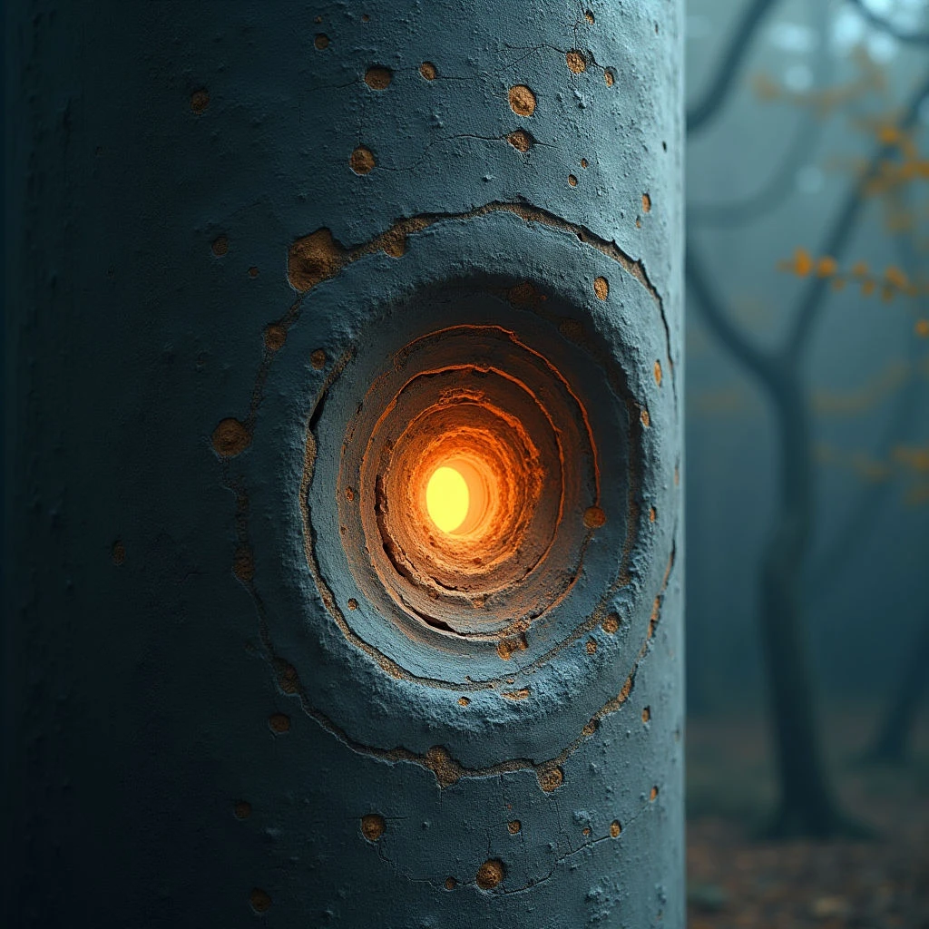 The image features a primarily cool palette of blues and grays with a central warm focal point of orange and yellow light emanating from within a tree trunk. The bark exhibits a rough, textured surface contrasted by the smooth, concentric rings surrounding the illuminated cavity; these rings create a circular shape that draws the eye inward. A blurred background suggests depth with indistinct forms of trees receding into a hazy space.