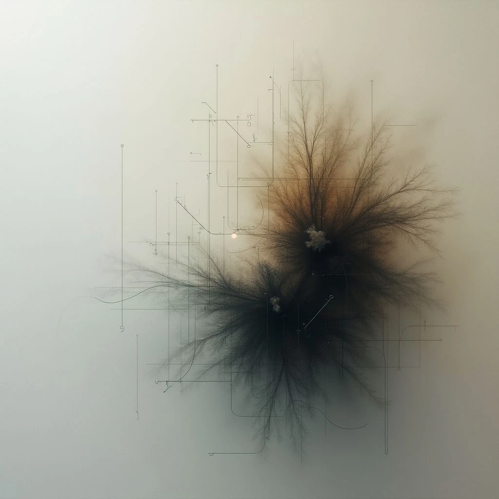 A dark, sprawling mass resembling roots or branches dominates the center of a pale background. Thin, precise lines and small geometric shapes extend outward from the central form, creating a network across the canvas. A single bright point of light is nestled within the shadowy core of the organic shape.