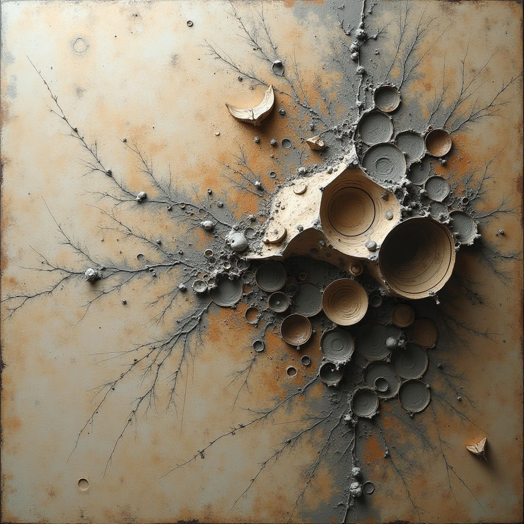 A textured, earthy surface dominates the image, with a palette of browns and grays suggesting aged clay or stone. Clusters of small cylindrical forms and broken pottery pieces are embedded within the material, appearing to burst from a central point. Delicate, branching lines extend outwards like roots or cracks across the background, adding to the organic and fragmented composition.