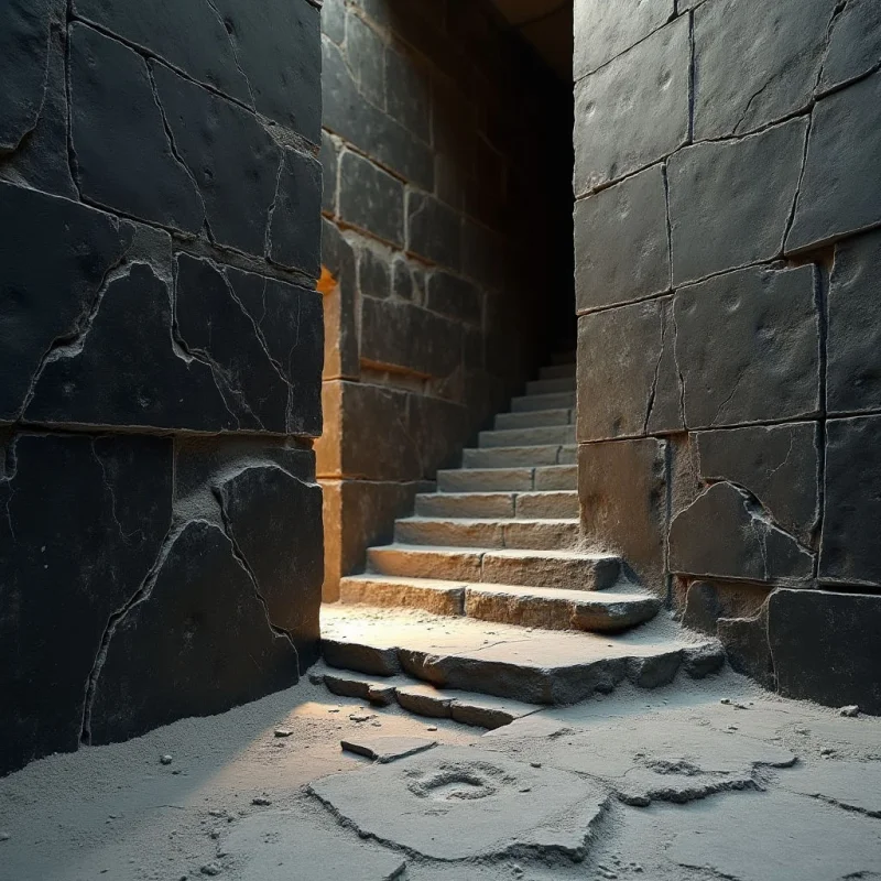 Dark, heavy stone blocks with rough, cracked textures form narrow walls that frame a central staircase. Warm, directional light illuminates the steps and floor, creating a stark contrast against the deep shadows of the corridor. The composition uses receding geometric lines to lead the eye from the textured foreground into the dim, enclosed space.