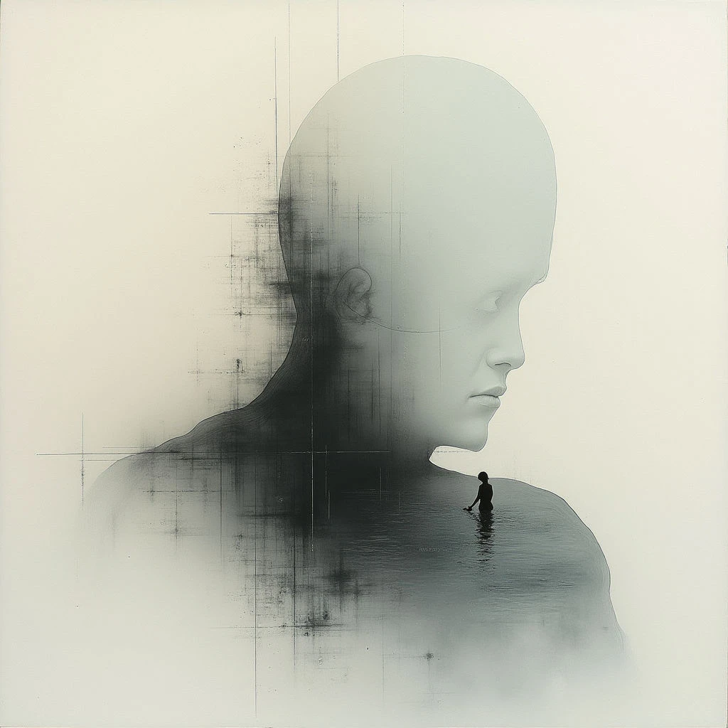 A large, ghostly head looms over a small figure wading in dark water. The head appears partially constructed from architectural blueprints and fading lines, dissolving into the background. The overall tone is somber and contemplative, suggesting themes of isolation or inner space.